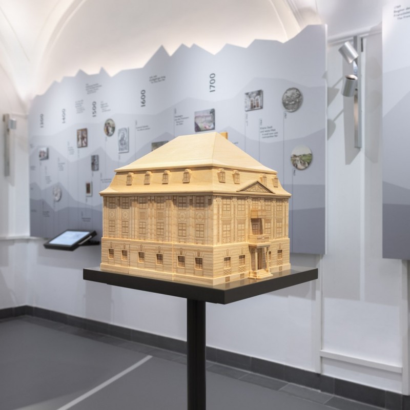 Tastmodell des Zumsteinhauses aus Holz vor Wabd mit Zeitstrahl Stadtgeschichte