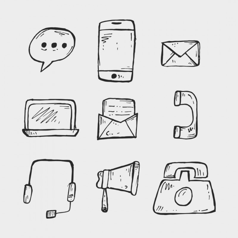 Ilustrationen: Smartphone, Headset, Brief, Telefon, Laptop, Sprechblase