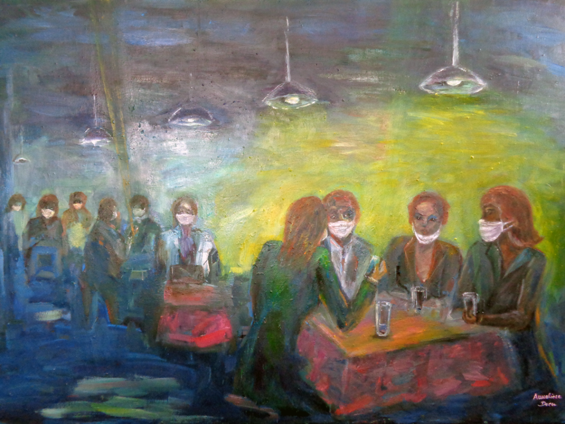 Gemälde: Menschen sitzen mit Masken in Restaurant