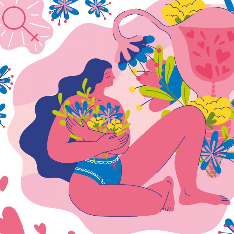 Bunte abstrahierte Illustration: Frauenkörper, Gebärmutter, Blumen