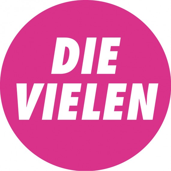 Pinker Kreis mit weißem Schriftzug &quot;Die Vielen&quot; (Logo)