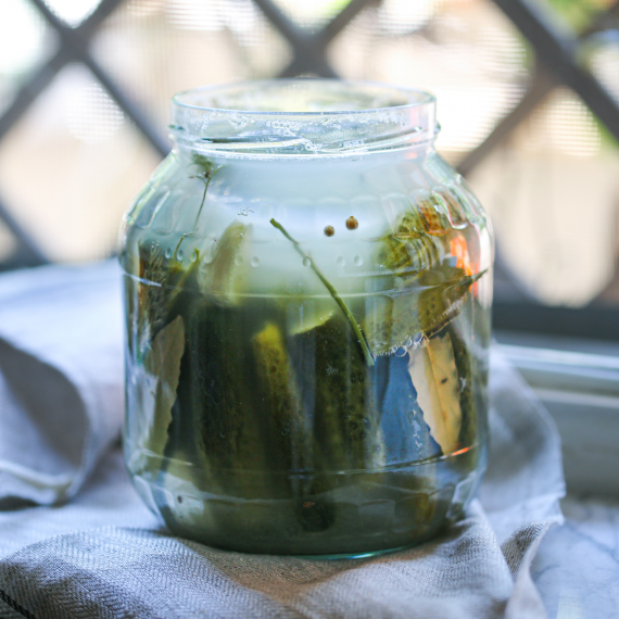 Glas mit fermentierten Gurken und Kräutern