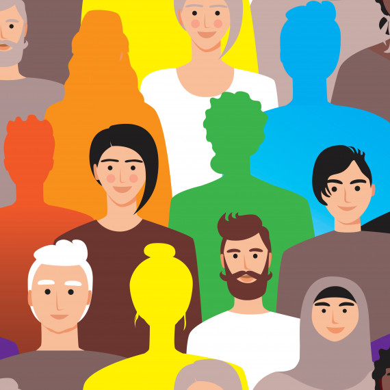 Illustration: Collage aus bunte Silhouetten und Menschen unterschiedlichen Alters und Aussehens