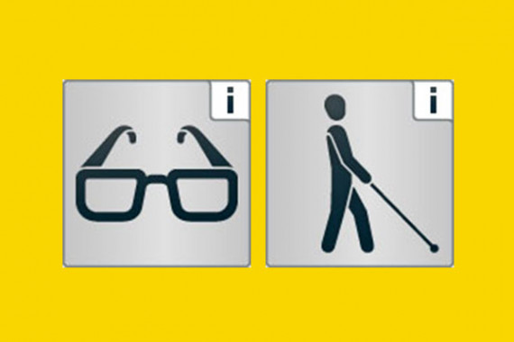 Bildzeichen Brille (steht für Menschen mit Sehbehinderung) und Bildzeichen Mensch mit Blindenstock (seht für blinde Menschen)