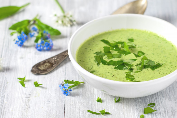 Suppenschüssel mit grüner Suppe und Silberlöffel