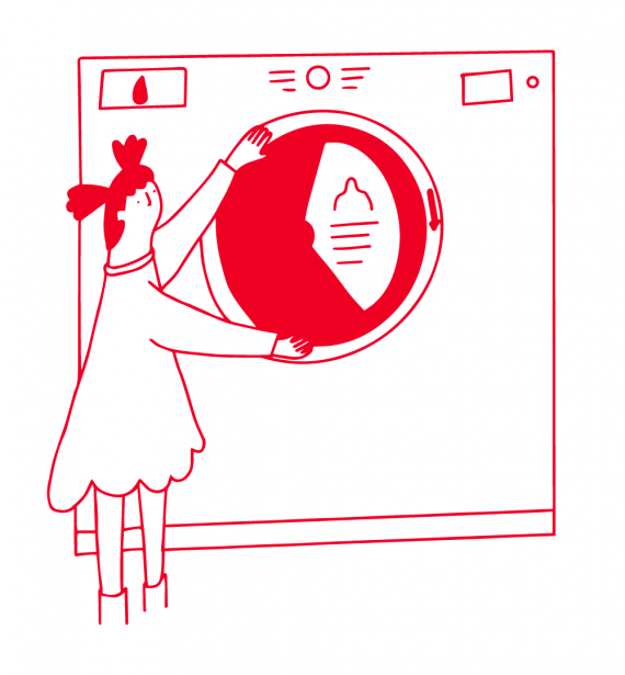 rote Illustration einer Frau, die eine Waschmaschine öffnet