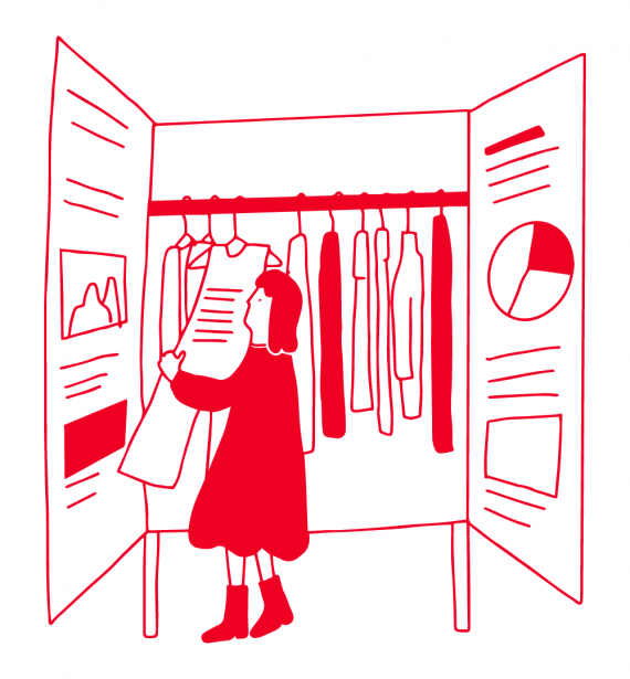 rote Illustration von einer Frau, die vor einem offenen Kleiderschrank steht