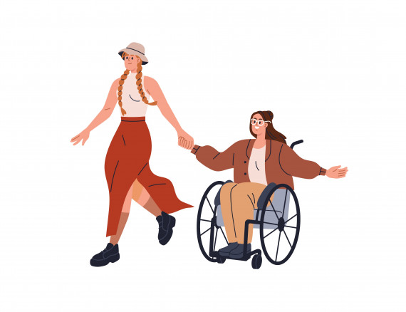 Zeichnung von zwei Frauen, die sich an den Händen halten, davon sitzt eine im Rollstuhl