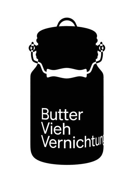 Illustration einer schwarzen Milchkanne auf weißem Grund mit der Aufschrift Butter, Vieh, Vernichtung