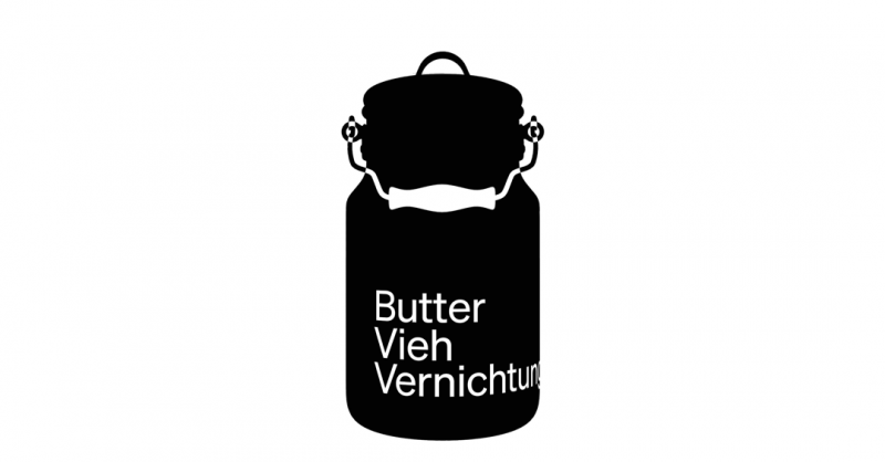 Illustration einer schwarzen Milchkanne auf weißem Grund mit der Aufschrift Butter, Vieh, Vernichtung